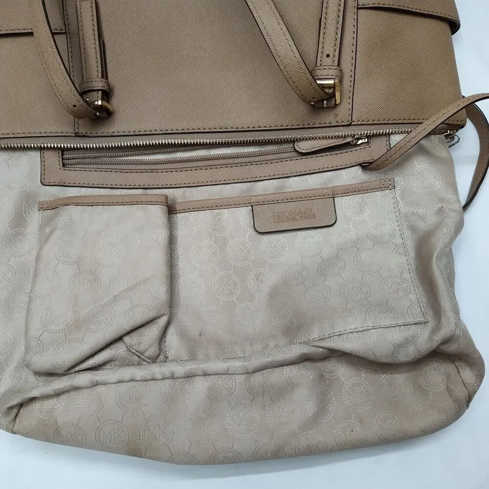 Michael Kors Jet Set Beige Leather Double Handles Zipper Tote Shoulder Bag - Picture 15 of 16